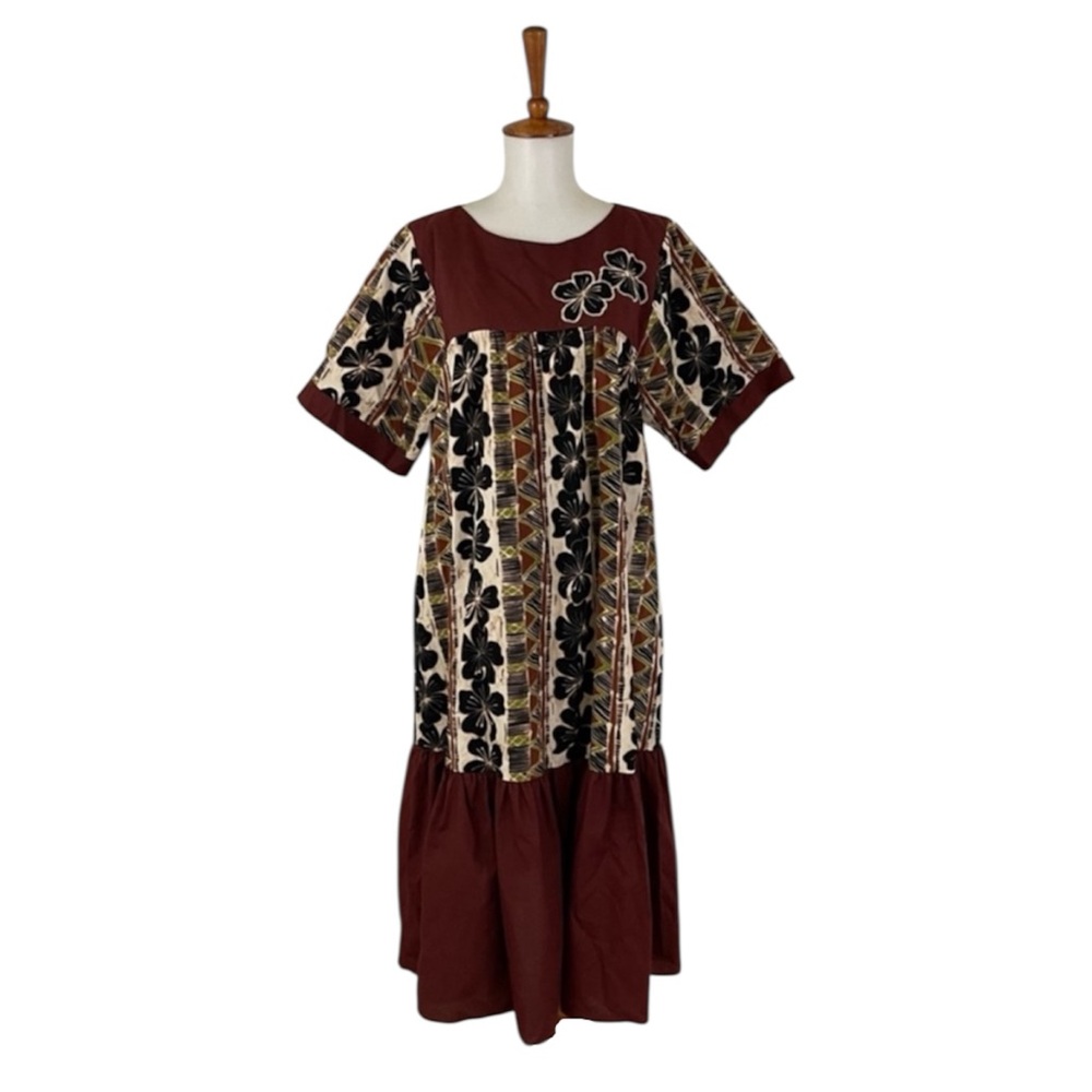 Vintage Hawaiian Dress‎ Women’s M Brown Cotton Floral Short Sleeve Midi Tropical